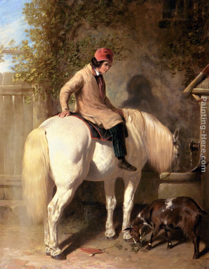 Refreshment, A Boy Watering His Grey Pony painting - John Frederick Herring Snr Refreshment, A Boy Watering His Grey Pony art painting